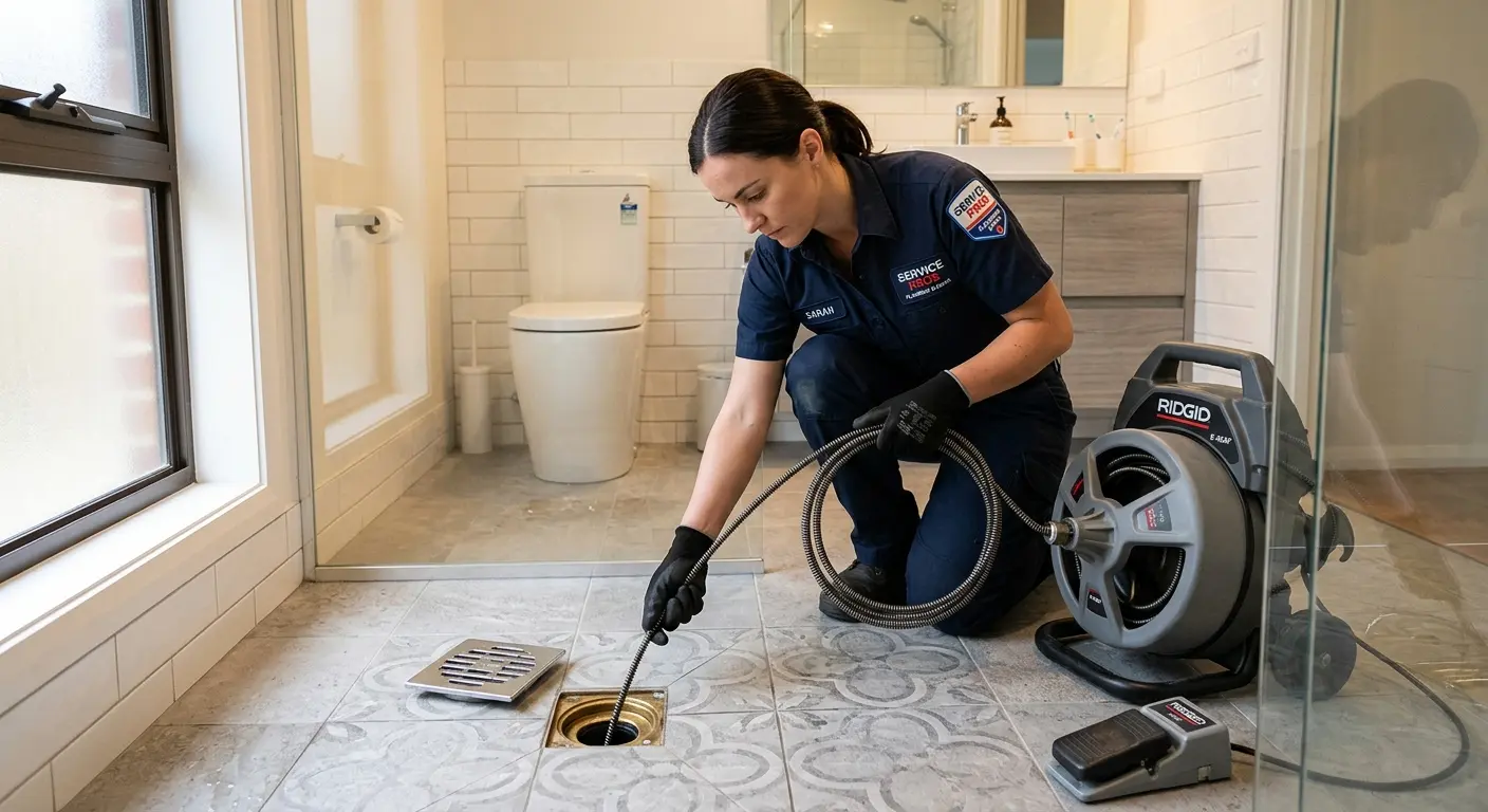 Technician clearing a bathroom floor drain for Drain Cleaning in Glen Ellyn